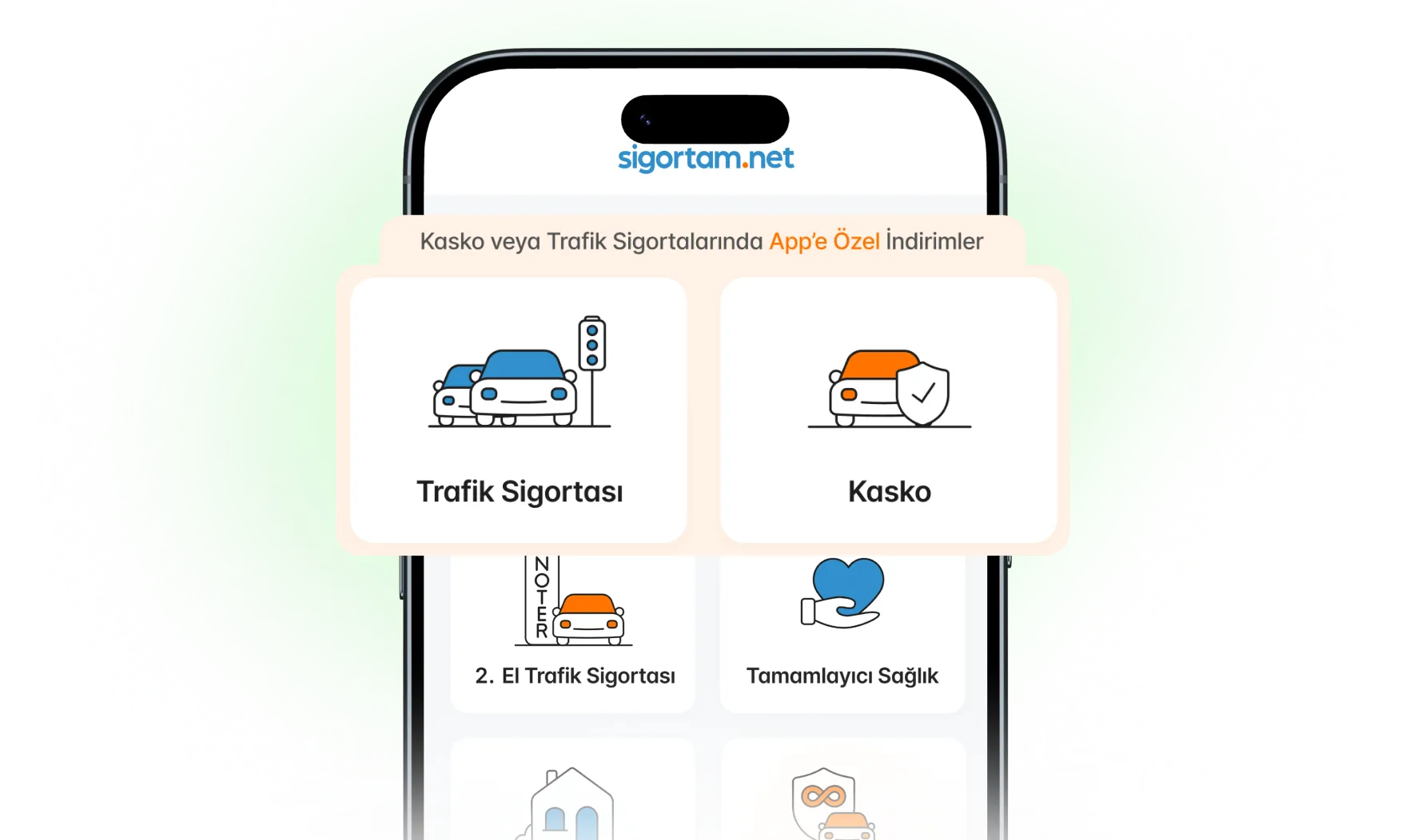 Sigortam.net uygulaması Kasko ve Trafik Sigortası ekranı